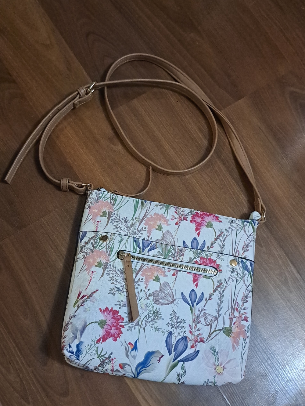 Floral Print Crossbody Bag with Tan Strap